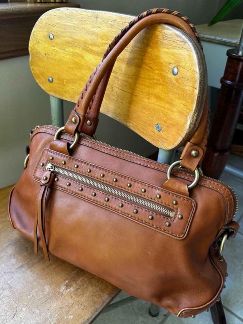 MICHAEL Michael Kors Brown Leather Studded Satchel Handbag, VGUC